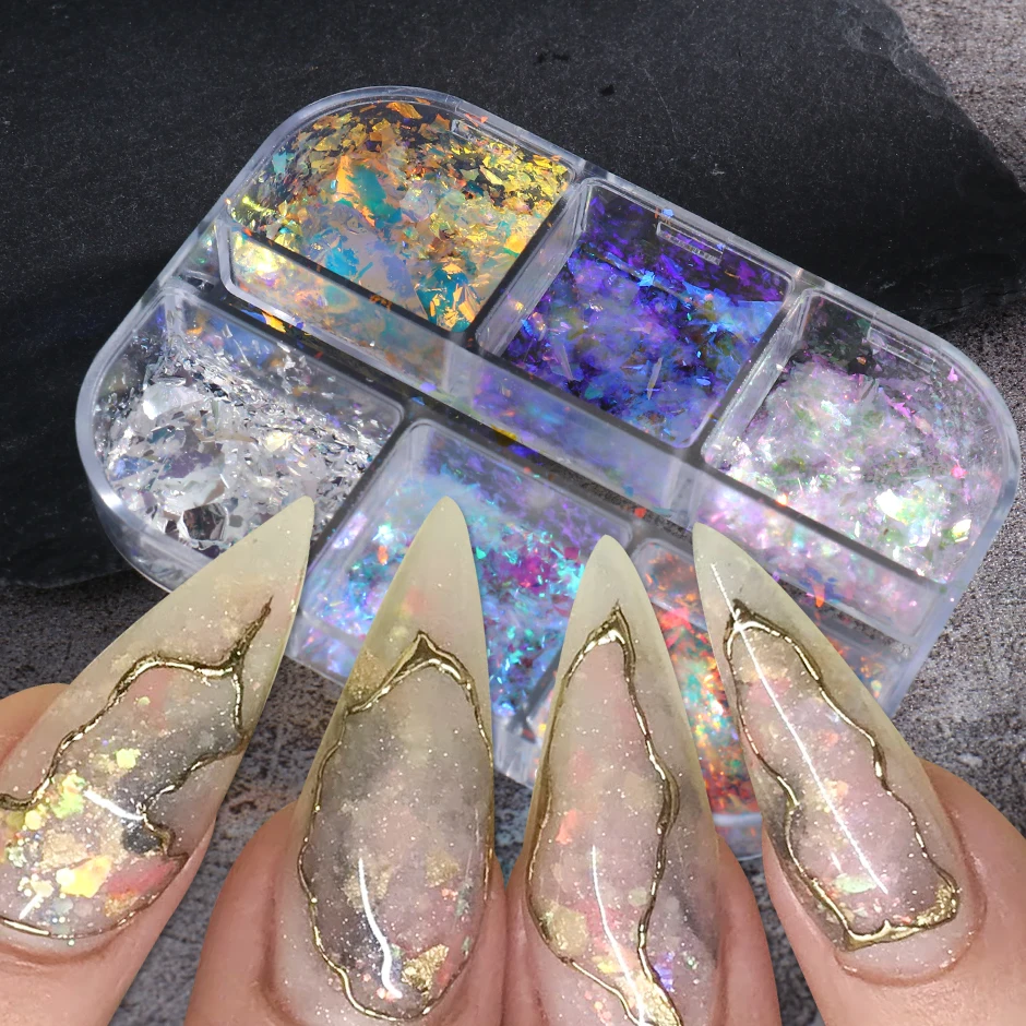 6Grids Iridescent Aurora Sequins for Nails Crystal Opal Fire Glitter Flakes Nail Art Decoration Winter Holographic Design NTXR