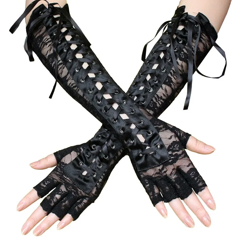 

Black Lace Up Fingerless Gloves Elbow steampunk for Womens Costume Party Arm Warmer Sexy Mittens Clubwear Cosplay Accessories