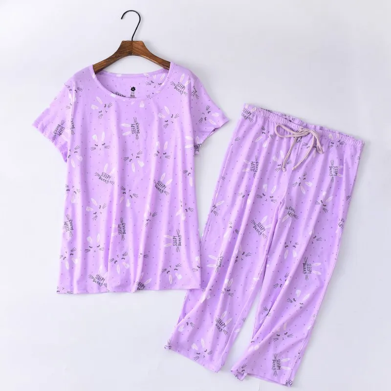 Conjunto de pijama informal de dibujos animados para mujer, ropa de dormir 2024 de algodón, traje de manga corta con cuello redondo, 100%