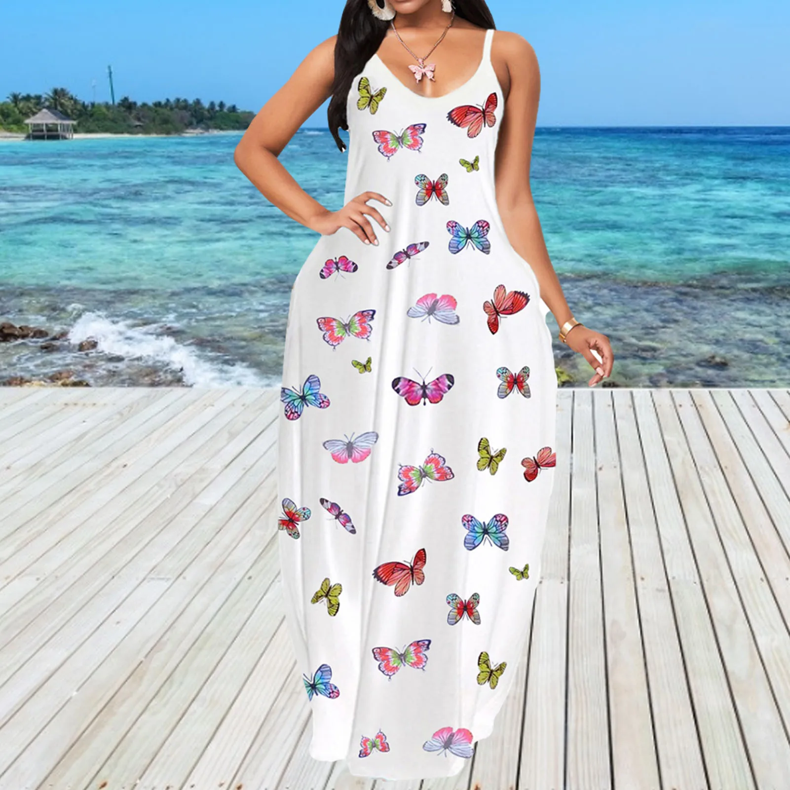 Women's Dress Butterfly Print Large Size Loose Plain Color Midi Skirt Sexy V-neck Fashion Print Suspender Long Skirt Dress