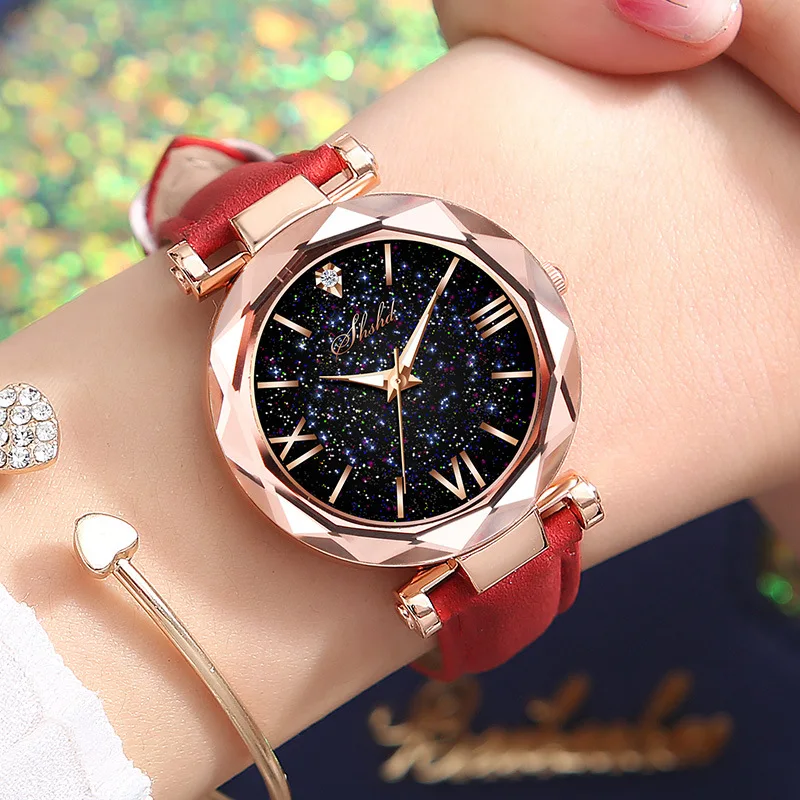 Zegarek damski zegarek Rhinestone romantyczny Starry Sky moda zegarek damski ze skórzanym paskiem zegar dla kobiet Relogio Feminino Montre Femme