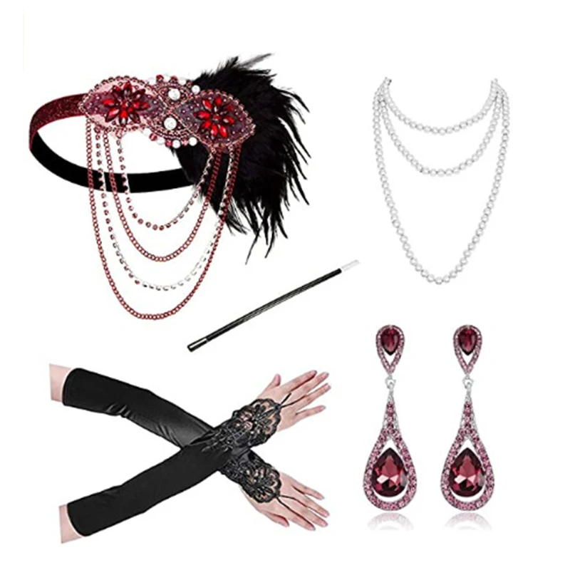 5Pcs/set Women 1920S Headband The Great Gatsby Cosplay Stage Performance Retro Feather Headband Necklace Earring Accessories Set
