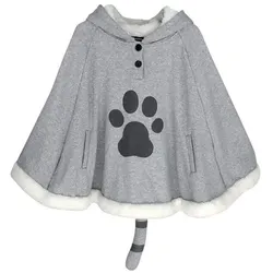 Harajuku Women Cloak Kawaii Winter Warm Cute Coat With Cat Tail Ears Japanese Anime Lolita Cape Neko Atsume Cat Gray Outwear