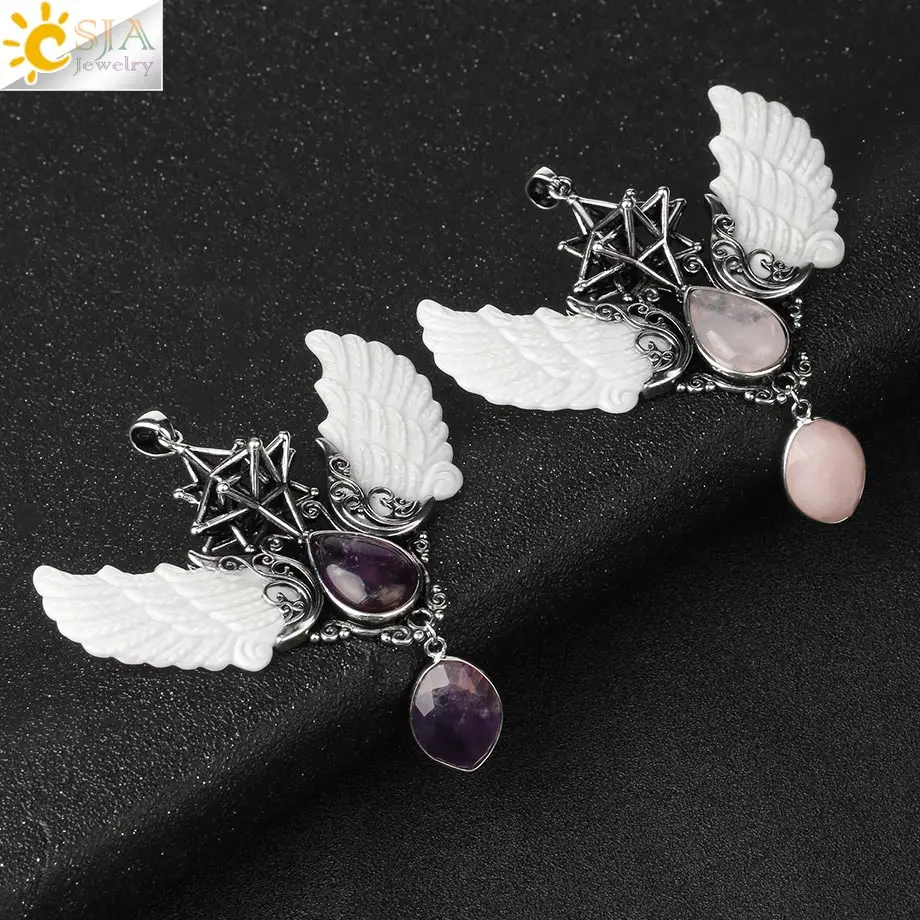 Merkaba Water Drop Crystal Necklace Natural Stone Pendants Vintage Angel Wing Jewelry Opal Obsidian Rose Quartz Necklaces G780