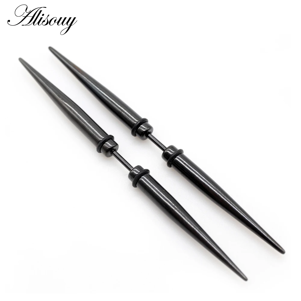 Alisouy 2pcs Unisex Gothic Punk Spike Cone Stainless Steel Dumbbell Barbell Ear Stud Earrings For Men Women Piercing Jewelry