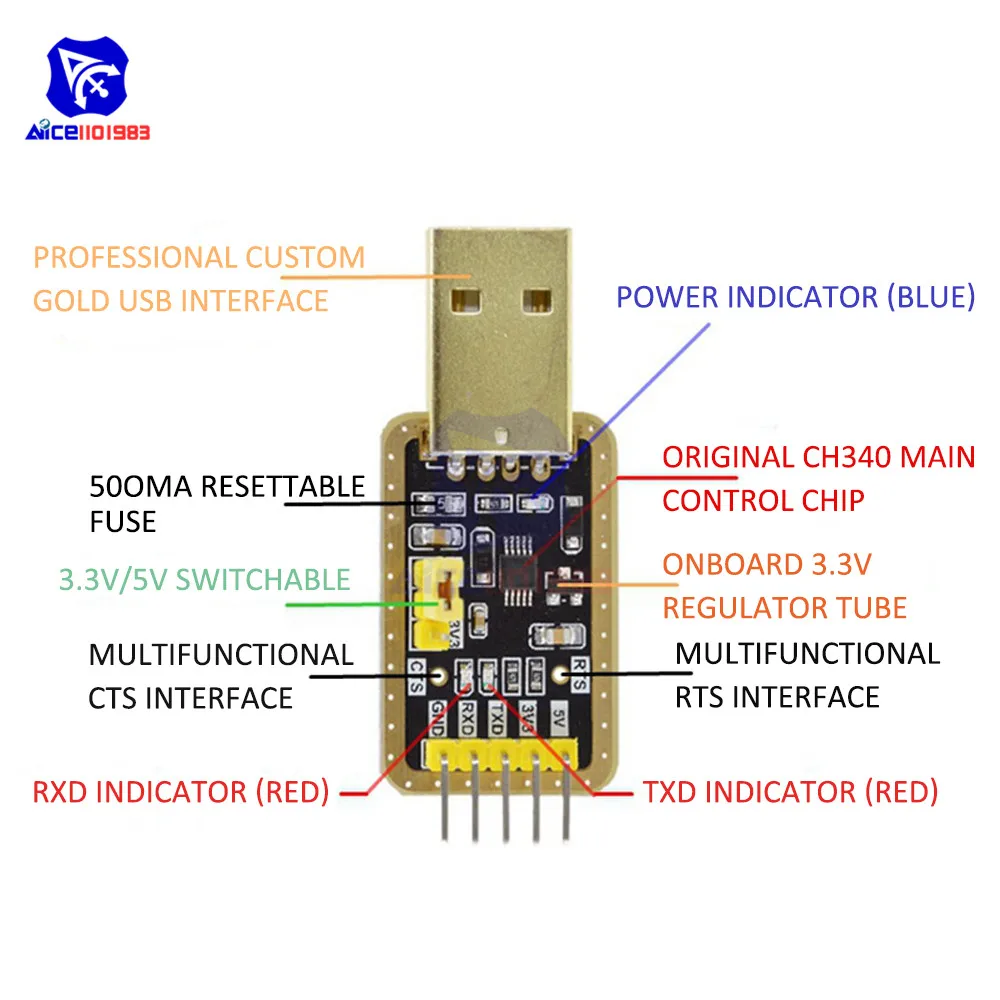 diymore CH340 CH340G USB to TTL Programmer USB Serial Upgrade Board Downloader with Female to Female Dupont Wire for Arduino