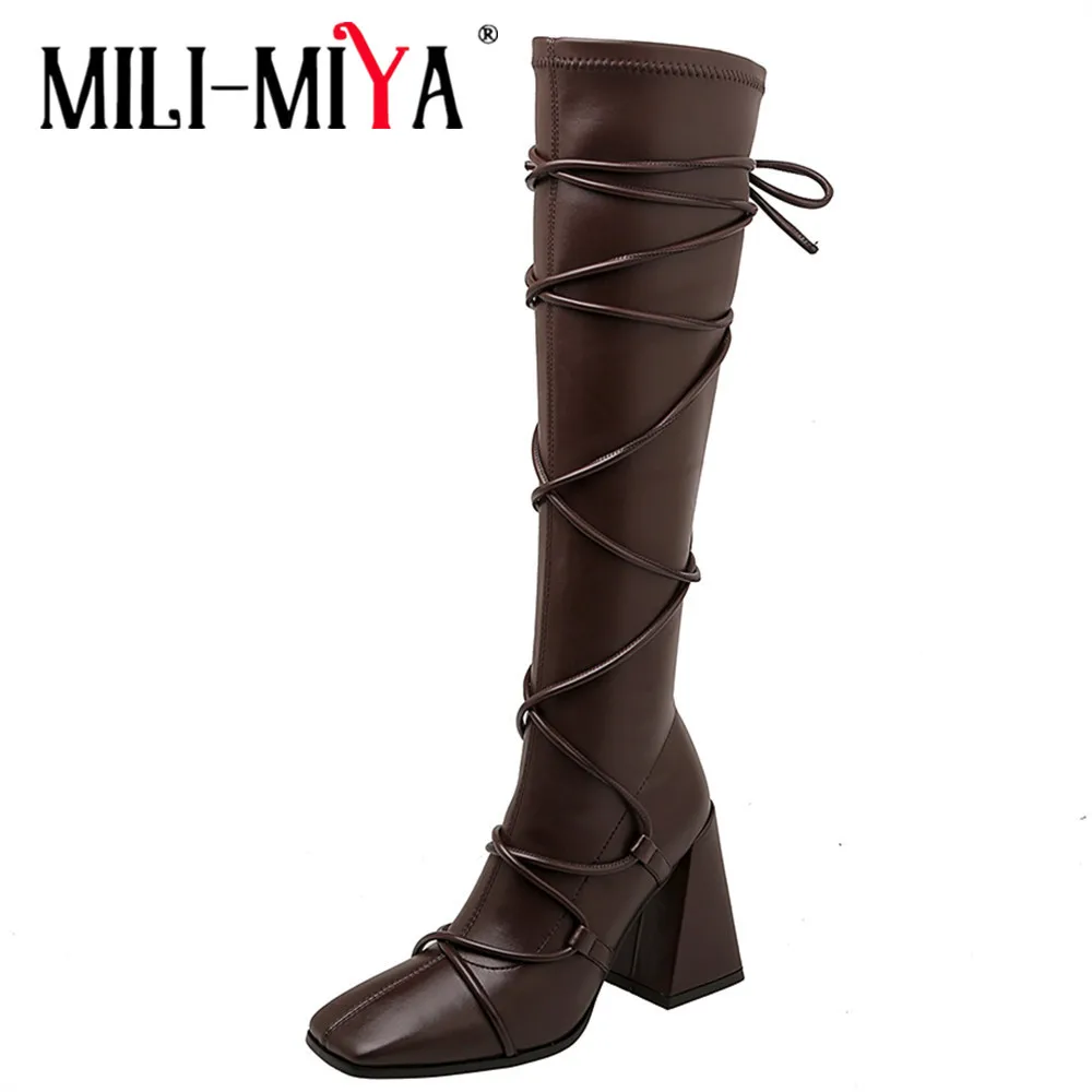 

MILI-MIYA 2021 New Top Quality Stretch Leather Lace Up Knee High Boots Chunky Heel Autumn Winter Women Square Toe Casual Shoes