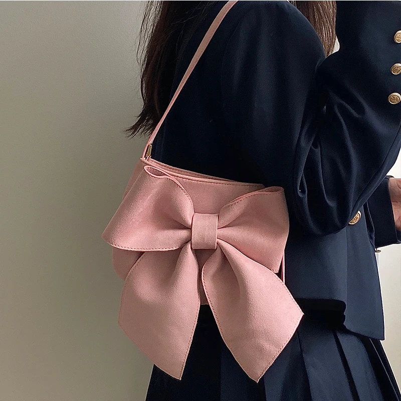 Retro Bowknot Women\'s Underarm Bag Solid Color Ladies Small Tote Shoulder Bags Female Cute Armpit Bag Cool Girls Pink Handbags