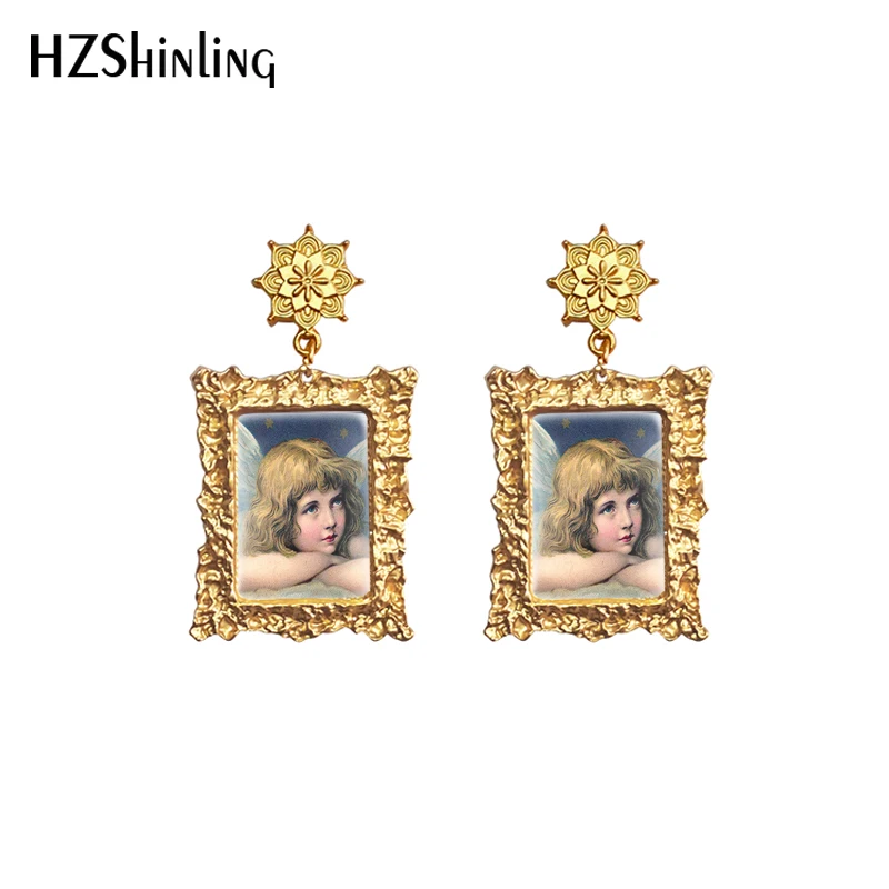 2020 New Vintage Angel Earring Fairy Beauty Drop Earrings Retro Mandala Charm Square Glass Cabochon Jewelry