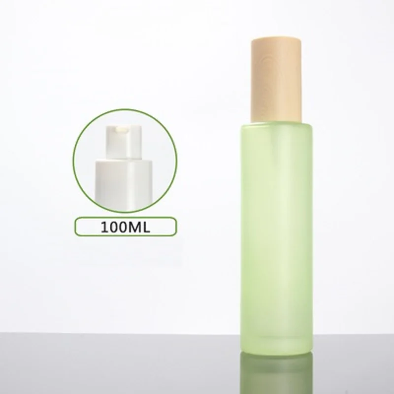 Botella de vidrio esmerilado/verde/azul/blanco de 100ml, tapa con forma de madera, suero/loción/emulsión/base/gel/tóner, embalaje cosmético