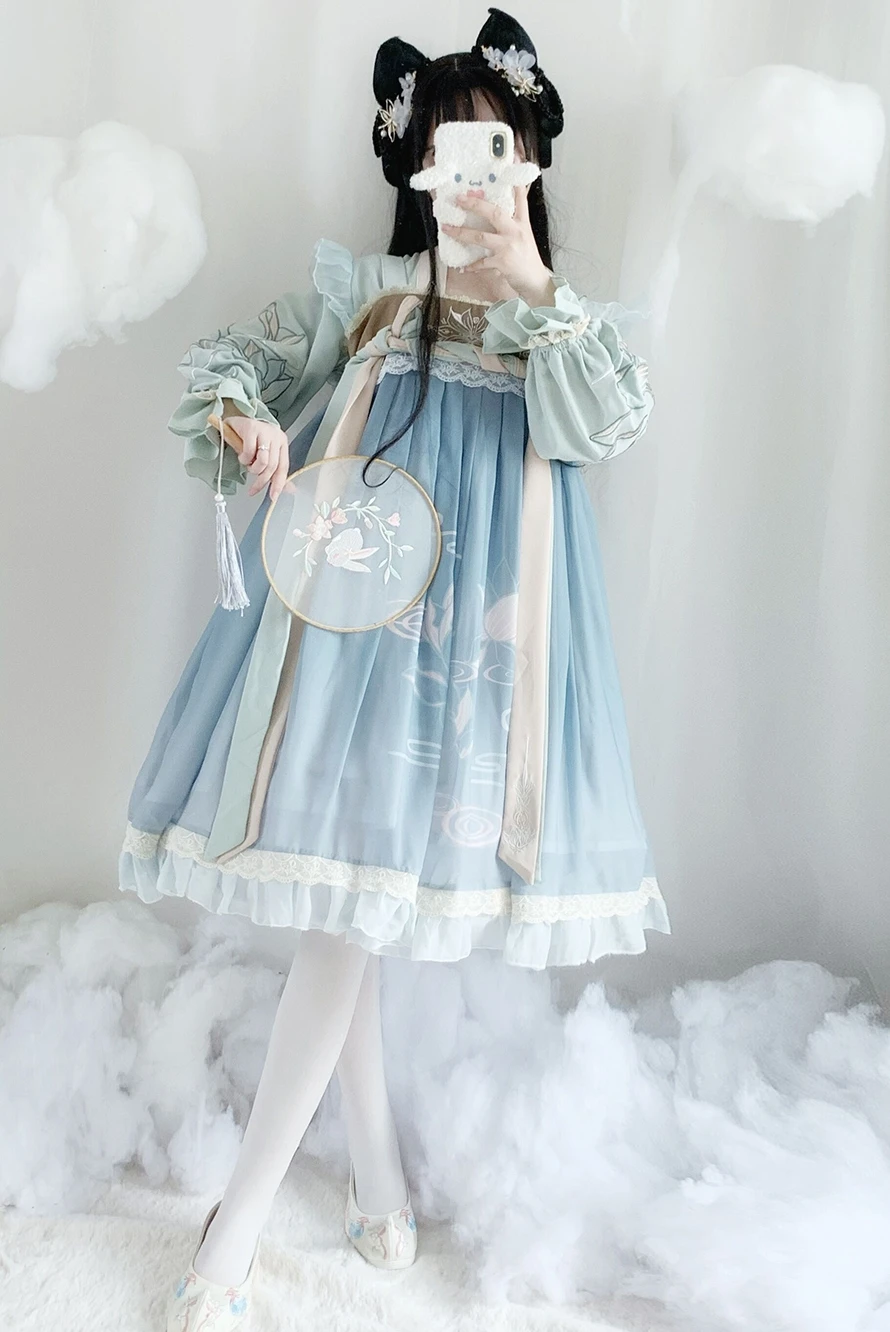 Oryginalny chiński styl Qinghe dwuczęściowy zestaw Han elementy haftowane codzienny garnitur Dresskawaii odzież wróżka kei sukienka lolita