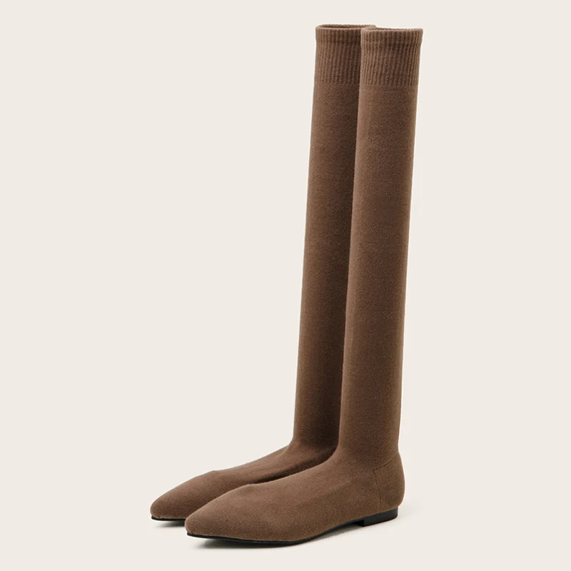 Size 34-40 Fashion Slim Leg Thigh High Sock Boots Women Black Stretch Fabric Pointed Toe Flat Heels Over The Knee Slip On Shoes