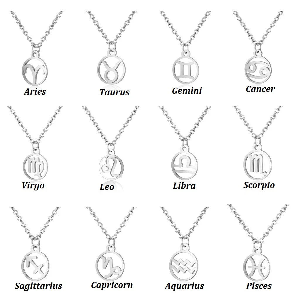 Oly2u Stainless Steel  Star Zodiac Sign 12 Constellation Choker Necklaces Pendants Aries Libra Leo Collier Birthday Gift