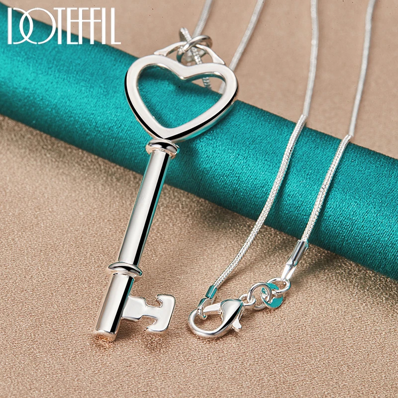 DOTEFFIL 925 Sterling Silver Heart Key Pendant Necklace 16-30 inch Snake Chain For Woman Fashion Engagement Charm Jewelry