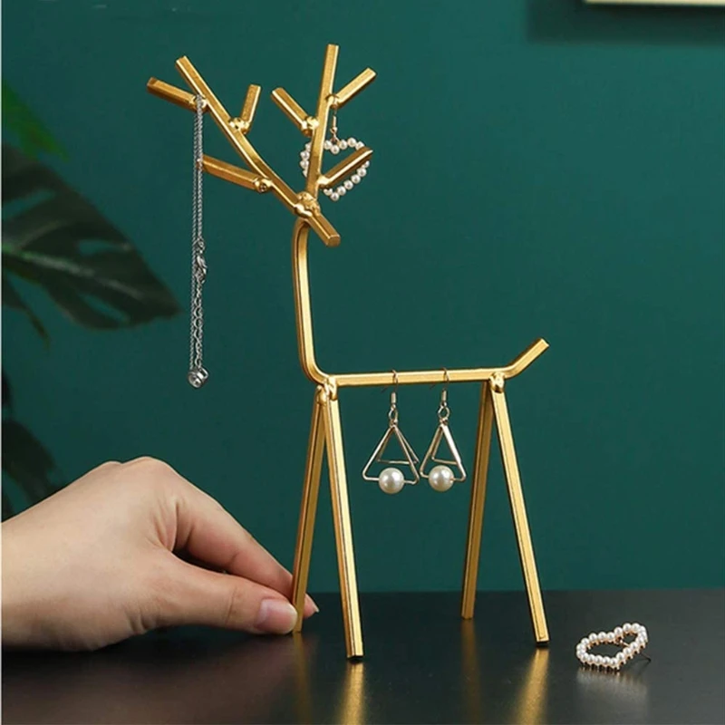 3D Golden Deer Jewelry Display Stand Necklace Earrings Organizer Tree Geometric Deer Tower Rack for Rings Bracelets