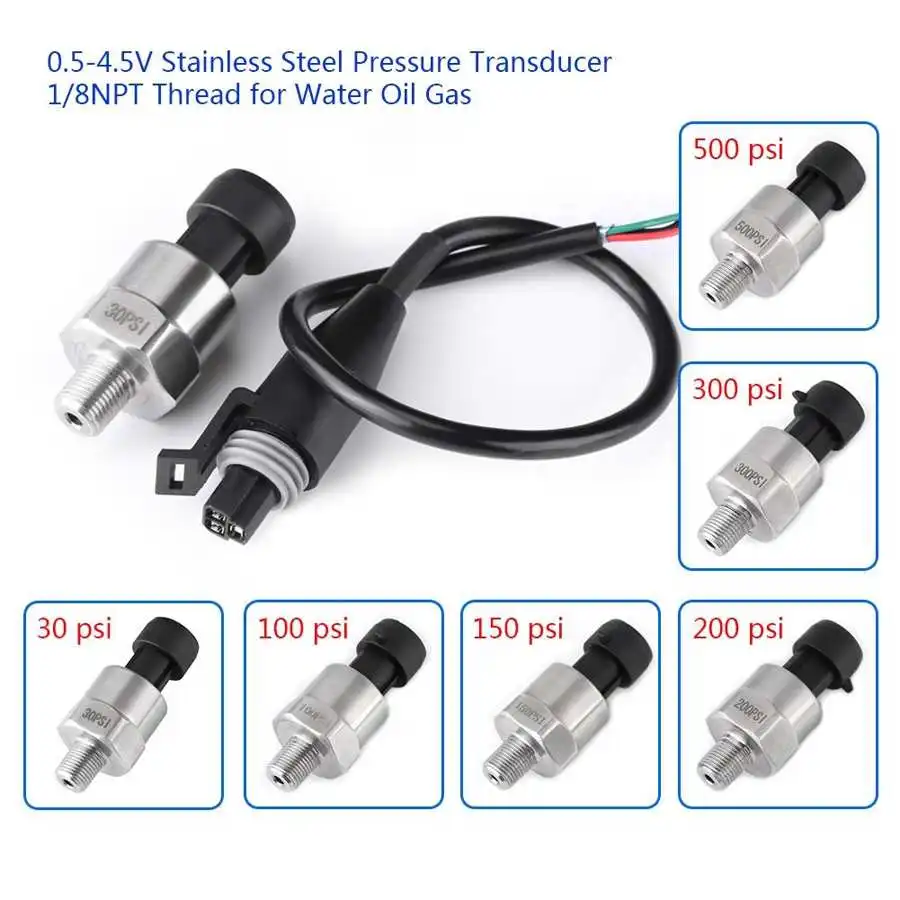 30-500PSI Pressure Sensor Oil Fuel Water Pressure Transducer Stainless Steel Pressure Sender Gauge DC 5V 1/8 inch NPT Thread