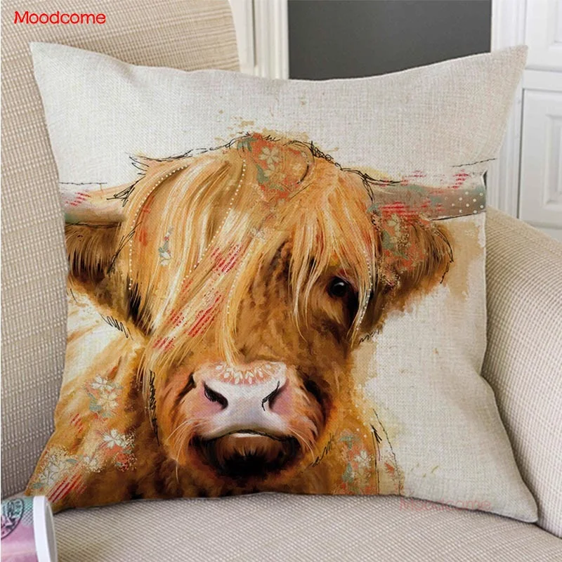 Watercolor Splash Art Scotland Highland Cow Yak Long Hair Cattle Sofa Throw Pillow Case Cotton Linen Cushion Cover Home Decor