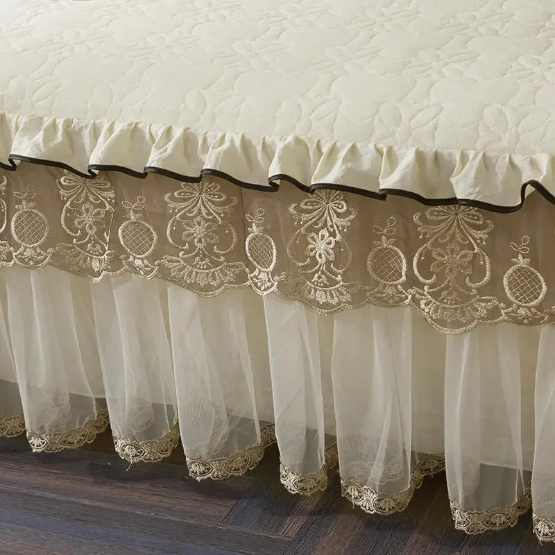 Europe Luxury Beige Lace Bedding Bed Skirt Pillowcase Cotton Thick Quilted Bedspread Mattress Cover Rubber Band King Queen Size