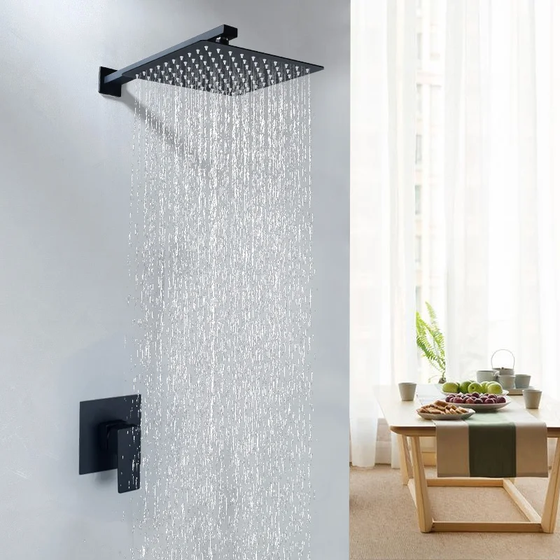 Black Shower Set 8/10/12 Inch Square Rainfall Shower Faucet Wall Mount Bathroom Faucet Concealed shower Cold And Hot Mixer Set