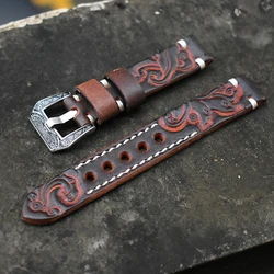 Watch Band 20mm 22mm Vintage Leather Carved Embossed Watch Straps for Panerai Watchband With Carved Buckle Engraved Clasp