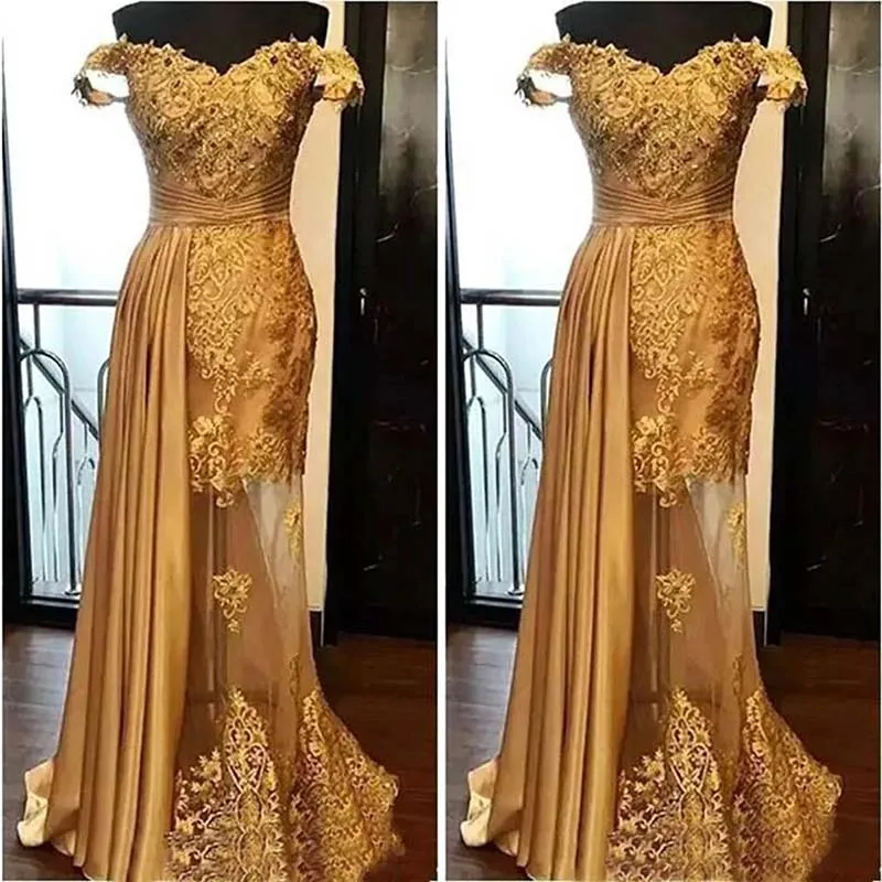 2021 Latest Arrival Gold Lace Mother of the Bride Dresses Off Shoulder Sleeves Appliqued Wedding Party Gowns Illusion Bottom