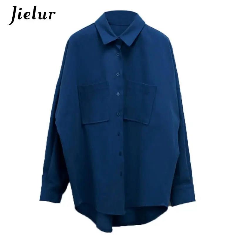 Jielur New Women Solid Corduroy Batwing Sleeve Vintage Blouse Turn-Down Collar Loose Top Button Up Blue Shirt Feminina Blusa