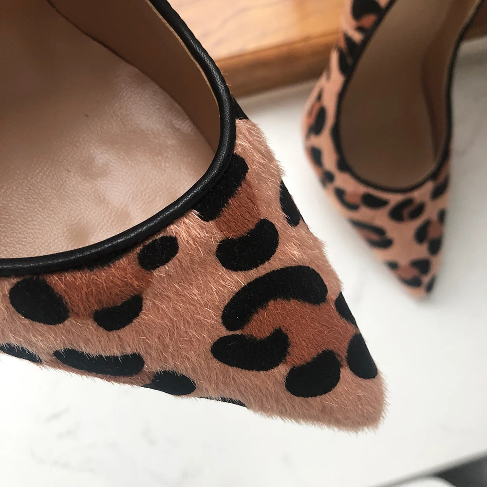 Tikicup Women Leopard Haircalf Pointy Toe High Heel Party Shoes Sexy Slip On Designer Ladies Stiletto Pumps 8cm 10cm 12cm