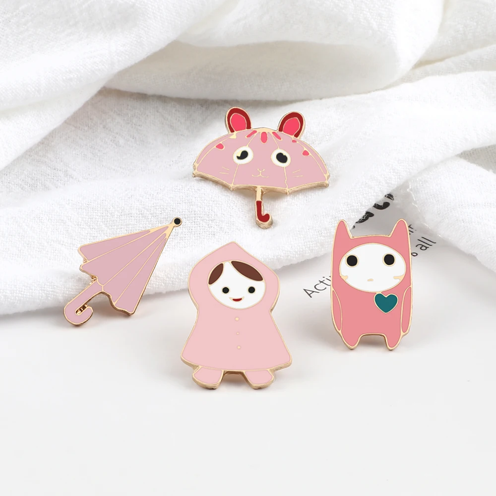 4 Style Pink Enamel Pins Cute Umbrella Raincoats Brooches High Quality Women Lapel Pin Badge Kid Backpack Decoration Jewelry New