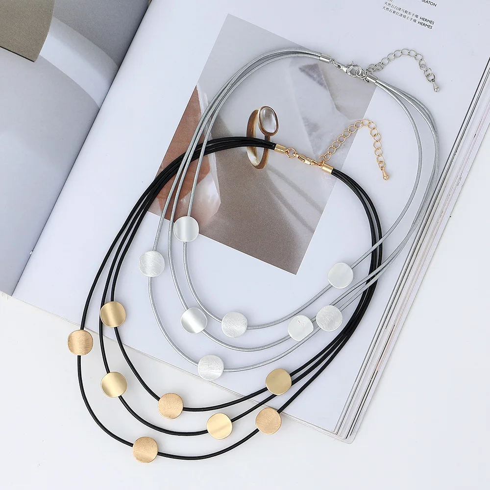 

Amorcome New Metal Beads Pendants Multilayer Women Leather Necklace Sweater Chain Necklaces Femme Fashion Jewelry Woman Gift