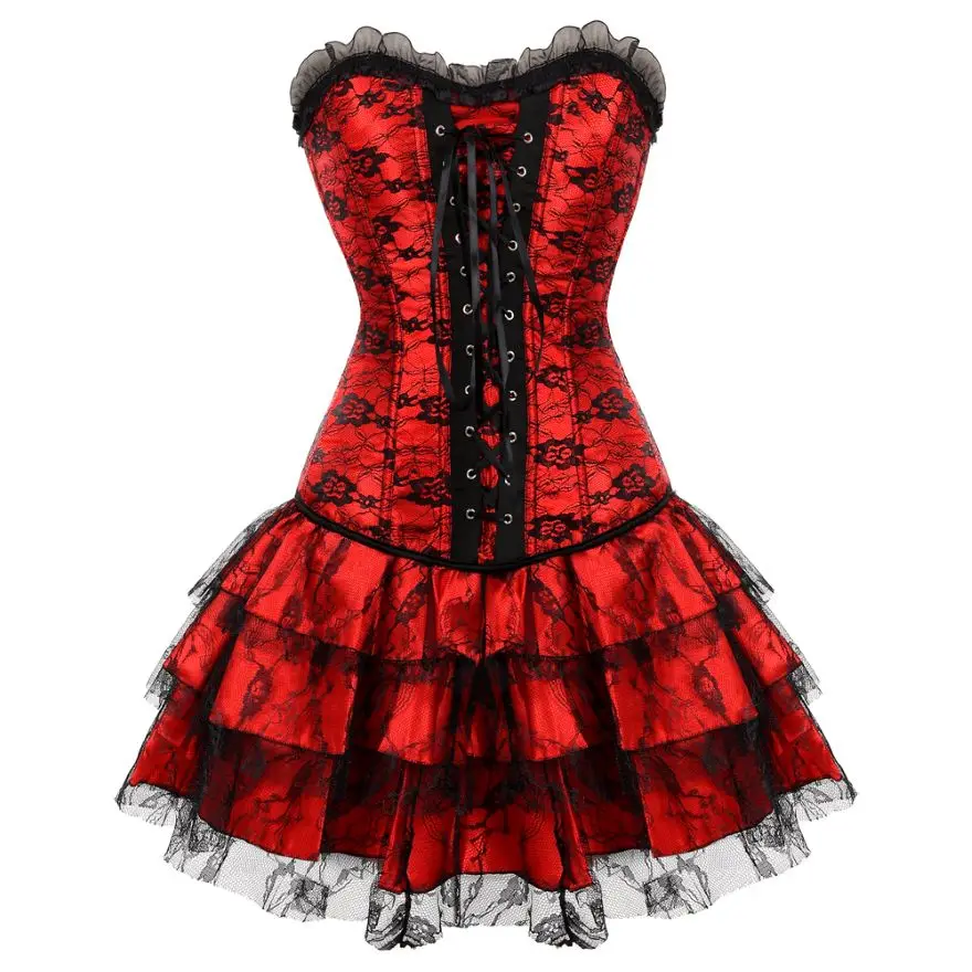 Victorian Corset Dress Vintage Lace Up Sexy Brocade Overbust Corset Bustier Top Mini Tutu Skirt Party Fashion Elegant Costume