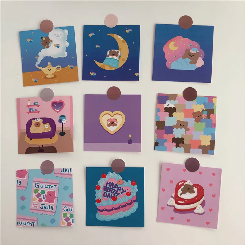 Korean Ins Cartoon Cute Bear Decorative Card 9 Sheets Waterproof Double Sided Postcard Bookmarks Diy Romantic Life Wall Sticker