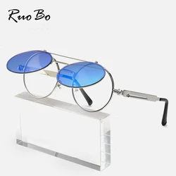 RUOBO Unisex Steampunk Flip Sunglasses Fashion Men Women Round Metal Frame Mirror Lens Sun Glasses UV400 Goggles Oculos De Sol