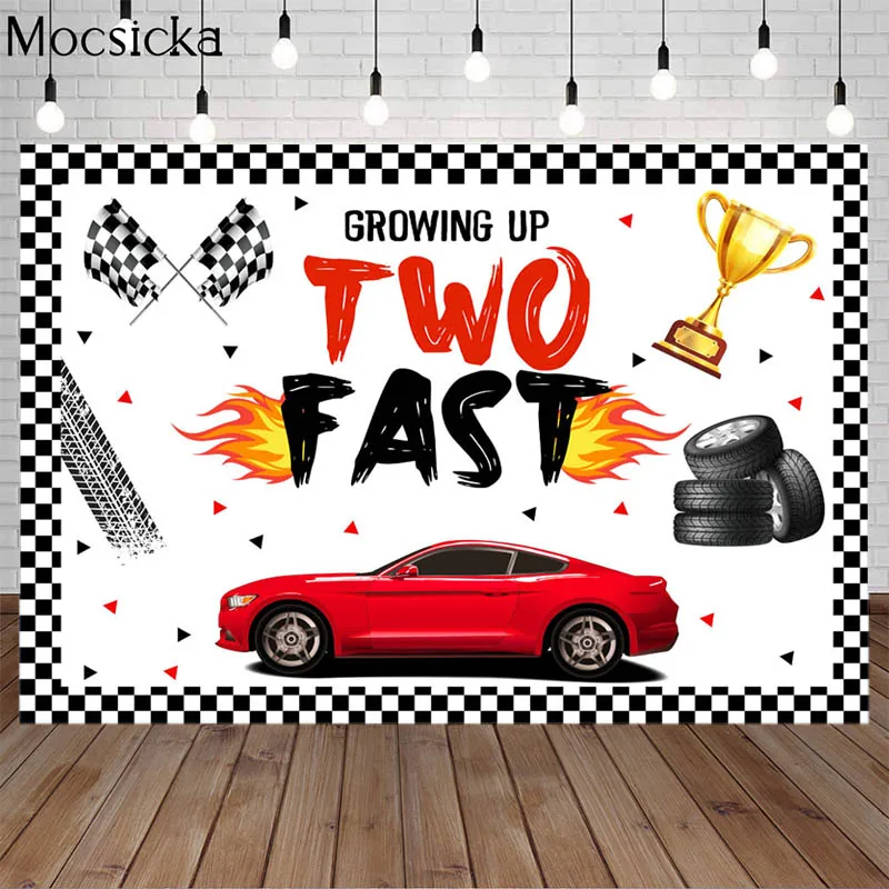 Race Car Birthday Backdrop Growing Up Two Fast Red Race Car Black White Grid Boy Birthday Party Decor Supplies Photo Background