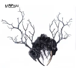 New Retro Tree Branches Headband Long Antlers Hairband Gothic Black Rose Feather Headbands For Party Halloween Customs