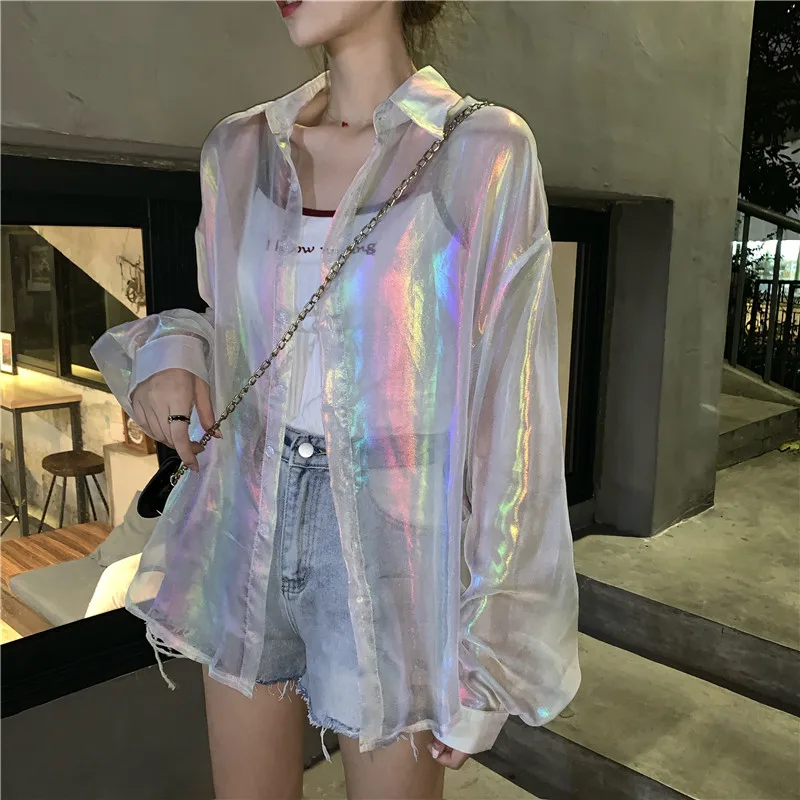 Rainbow See Through Sunscreen Sunproof Shirt Cute Lolita Sweetie Laser Hologram Chic Blouse