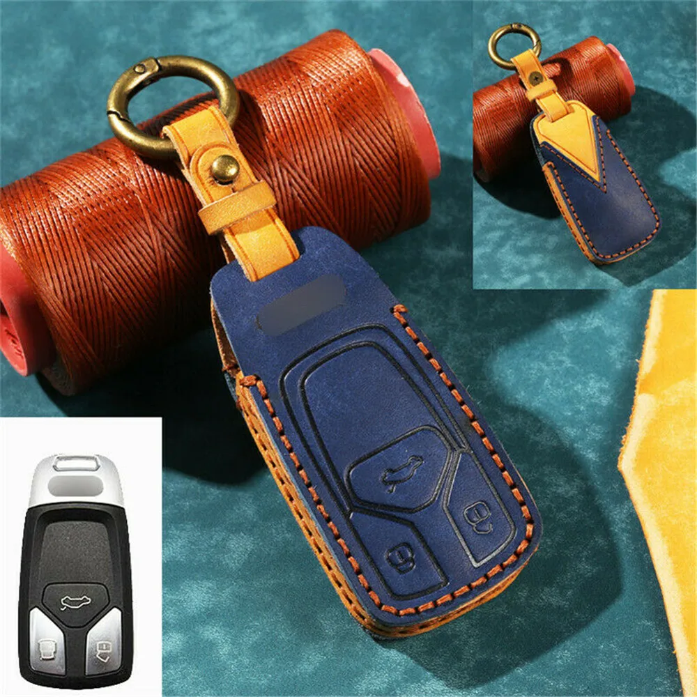 Leather Car Remote Key Cover Case FOB Skin Chian Keychain Protector Shell For Audi A4 A5 Q5 Q7 TT Quattro 2017-up