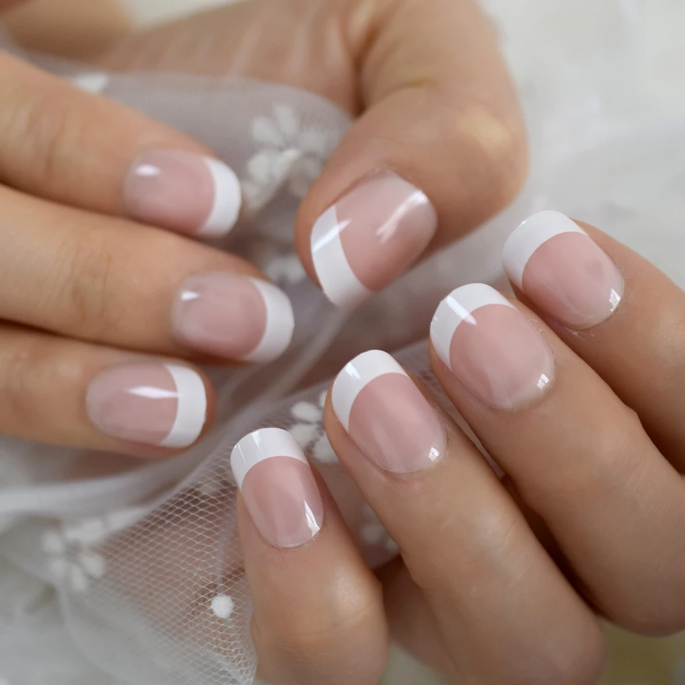 Round French gel False Nail Nude Pink Acrylic Design Fingernail Short Full Cover Daily Natural Nail Art Tips