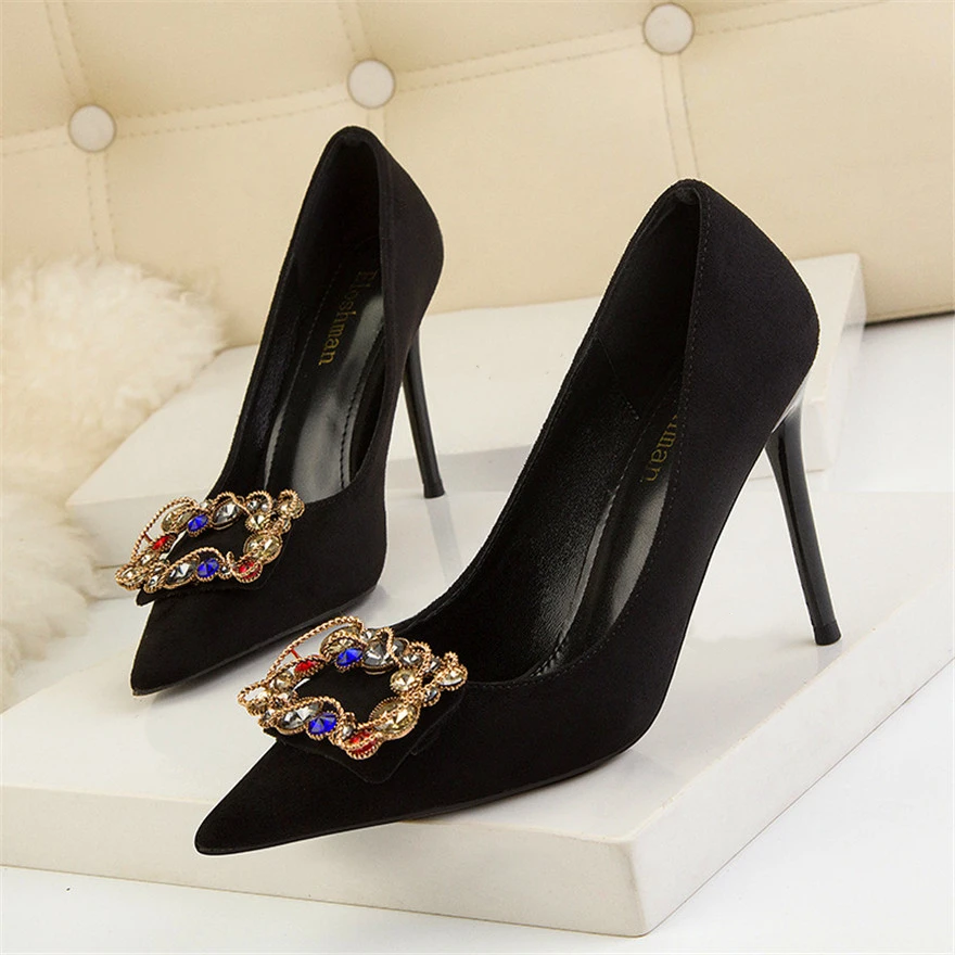 

2024 Autumn Fashion Colorful Crystal Women Pumps Pointy Toe Solid Flock High Heels Shoes Black Nude Ladies Sexy Party Dress Shoe