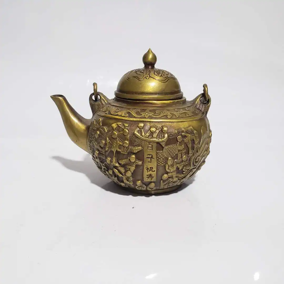 

Chinese pure brass hundred children send blessings teapot statues home decor sculpture