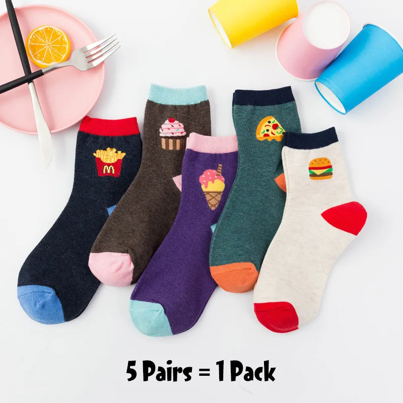 

5 Pairs Women Funny Socks Happy Cute Cartoon Fruits Banana Avocado Lemon Egg Cookie Strawberry Donuts Food Japanese Harajuku