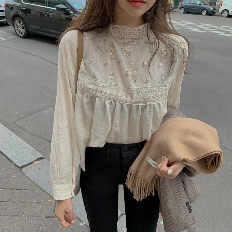 

New Elegant Lace Stand Collar Blouse Shirt Women Sexy Hollow Out Floral Embroidery Female Blouses Long Sleeve Tops