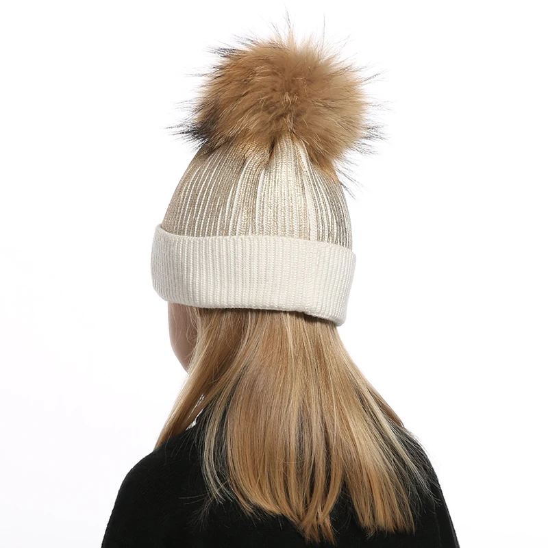 Wool Knitted Winter Hat For Kids Girls Boy Gold Silver Pink Black Metallic Print Beanie Real Fur Pompom Hat
