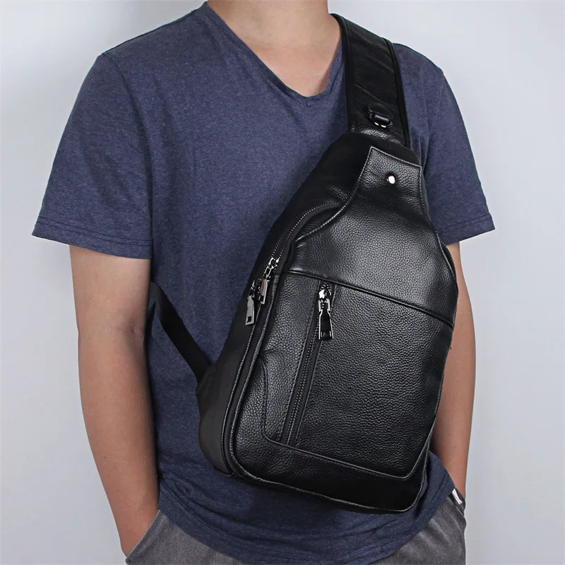 Big Size Chest Bag Men Real Cowskin Black Chest Packs Leather Sling Bags Single Shoulder Crossbody for male man sport bag