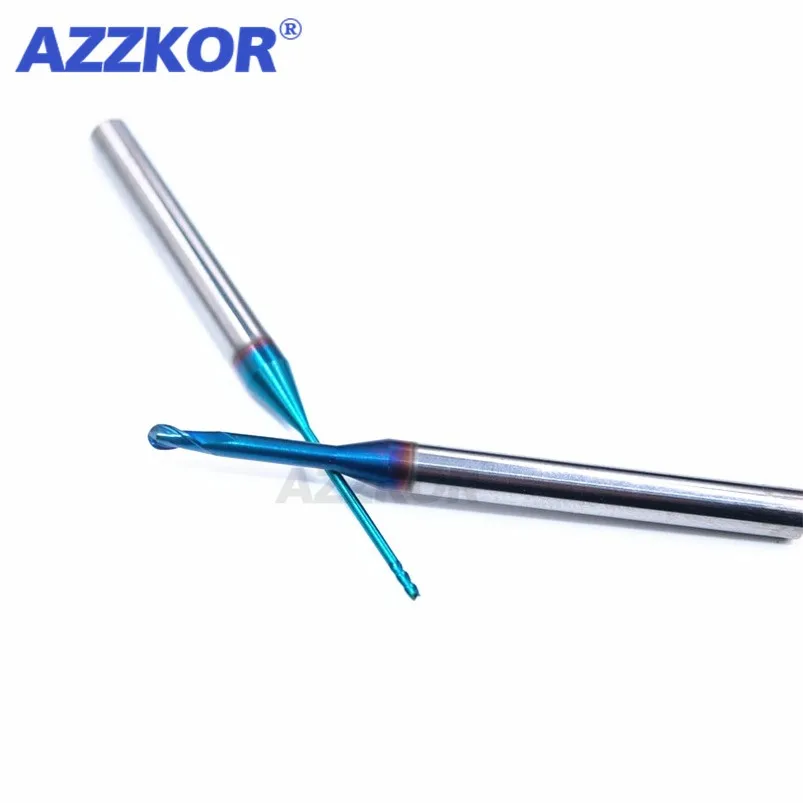 AZZKOR HRC70 Tungsten Steel Carbide Blue Nano Coating 2-Flute Deep Groove Ball Nose Endmill CNC Machine Machining Milling Cutter