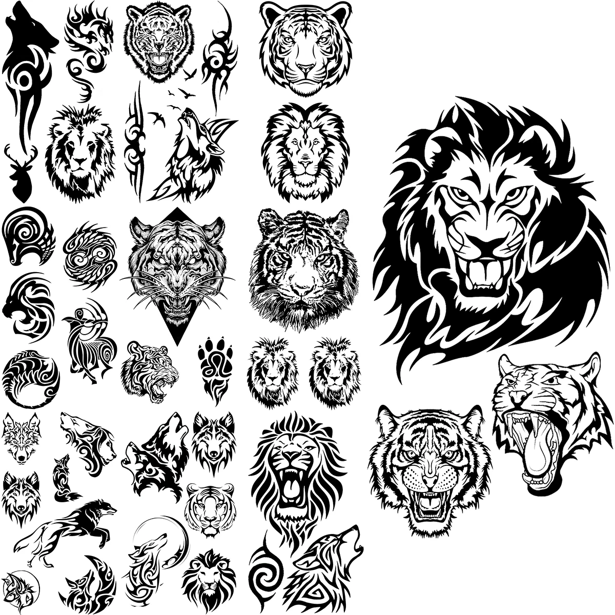 Black Lion Tiger Temporary Tattoos For Men Adults Realistic Wolf Thorns Totem Fake Tattoo Sticker Body Leg Waterproof Tatoos 3D