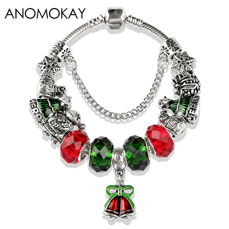 Red Enamel Christmas Bell Charm Bracelet Diy Jewelry Making Green Xmas Tree Silver Color Lobster Crystal Bead Bracelet