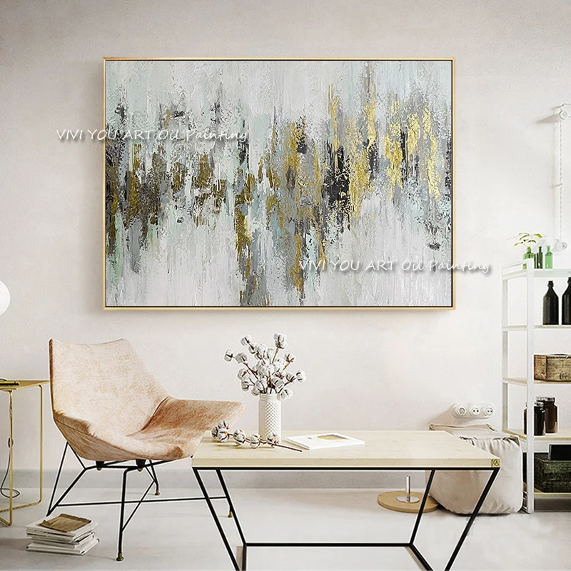 The Gray Gold Art 100%Hand Painted Oil Paintings on Canvas Abstract Painting Wall Picture for Living Room Home Decor Artworks