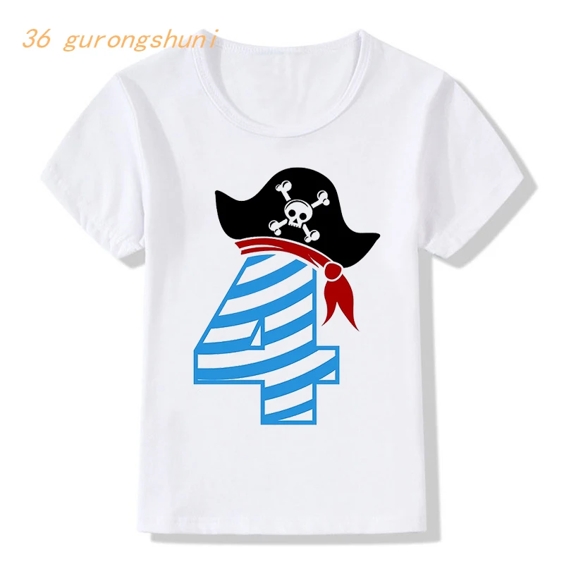 Camiseta con estampado de calavera pirata para niño y niña, camisa con estampado de feliz cumpleaños, 7, 8 y 9 años