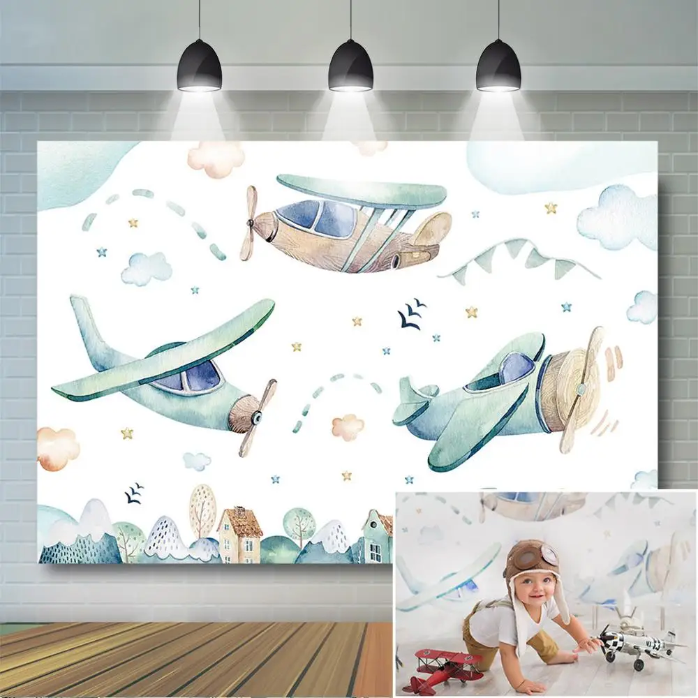 

Newborn Cartoon Backdrop Boys Adventure Birthday Baby Shower Party Decoration Airplane Cloud and Sky Cake Smash Backdrop