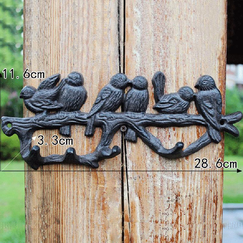 European Farm House Accents Handmade Antique Black Six Birds On Branch Cast Iron Wall Mounted Hook With Four Hangers Garden Item